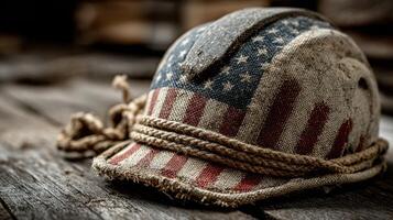 Vintage American flag helmet resting on a wooden table in rustic surroundings photo
