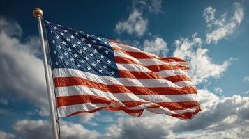 Flag of the United States waving under a blue sky with clouds during the day photo