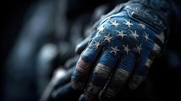 Military gloves with an American flag design displayed in a dramatic lighting setup highlighting their texture and detail photo
