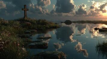 Tranquil lakeside scene with cross at sunset reflecting on calm waters and clouds photo