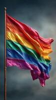 Colorful pride flag waving against a dramatic sky at sunset during a celebration of diversity and inclusion photo