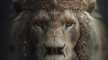 Majestic lion adorned with an ornate crown in a lush setting during golden hour photo