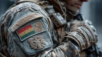 Military soldier displays national insignia while preparing for mission in rugged outdoor environment during early morning hours photo
