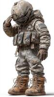 Soldier in military gear salutes while wearing combat boots and helmet in a neutral setting during daytime photo