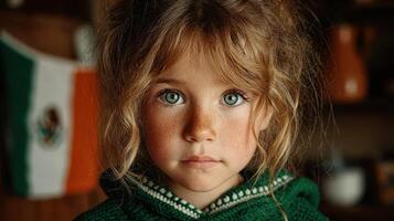 Young girl with bright blue eyes and tousled hair wearing a green sweater, captured in a rustic setting with a Mexican flag in the background photo