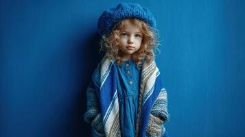 Young child with curly hair and blue hat posing against a blue background during a calm indoor setting photo