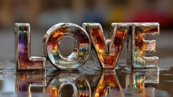 Glass letters spell love with reflections in a vibrant urban setting during twilight photo