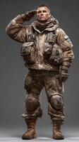 Soldier in combat gear saluting in a studio setting with dramatic lighting photo