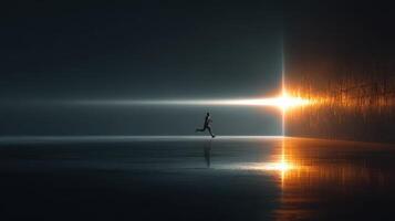 Runner explores a dark space illuminated by a bright light in a surreal landscape at dawn photo