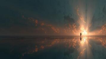 Sunrise over calm waters with a silhouetted figure reflecting against the horizon photo