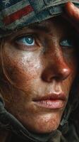 Portrait of a soldier with intense gaze in the field under dramatic lighting photo