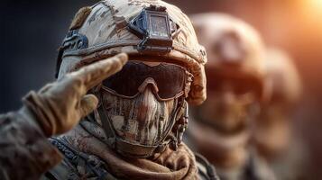 Soldiers in tactical gear salute during a military operation at sunset in a desert landscape photo