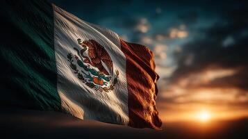 Vibrant Mexican flag waving against an evening sunset sky photo