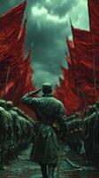 Soldiers prepare for a solemn event amidst a sea of red flags under a dramatic sky photo
