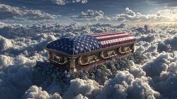 Coffin draped in an American flag resting among billowing clouds in a serene sky photo