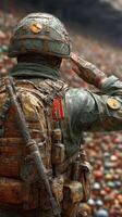 Soldier saluting during a military ceremony in a large crowd at a historic event in the heart of a city photo