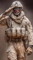 Soldier saluting in desert environment during military operation under challenging conditions photo