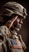 Soldier in uniform salutes with pride during a somber ceremony, showcasing dedication and honor in a solemn setting photo
