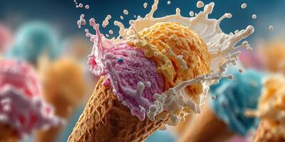 Colorful ice cream cone splashing in the air during a summer festival at a local park photo