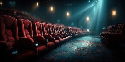 Empty vintage theater seats create a nostalgic atmosphere in an old cinema during a quiet evening photo