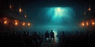 Audience immersed in a captivating performance at a historic theater during evening hours photo