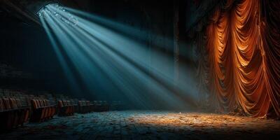 Abandoned theater with dramatic lighting and worn velvet curtains creates an eerie atmosphere in a forgotten space photo