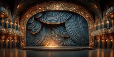 Elegant theater stage with rich blue curtains and ornate golden details illuminated by soft lighting photo
