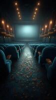 Abandoned theater interior with velvet seats, dim lighting, and a large screen waiting for the next show photo