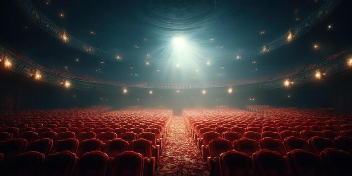 Empty theater bathed in soft spotlight with red velvet seats and warm lighting effect photo