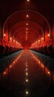 Elegant red corridor with reflective floors and stylish seating at an event venue in the evening photo
