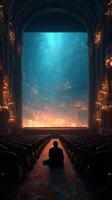 Dark theater with a lone figure illuminated by a surreal cityscape backdrop during a captivating performance at dusk photo