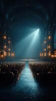 Elegant theater interior with dramatic lighting and captivated audience during a captivating performance at night photo