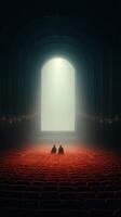 Two figures sit quietly in an empty theater, observing an illuminated stage during a serene moment photo