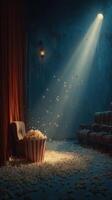 Old cinema with scattered popcorn and a spotlight illuminating the vacant seats photo