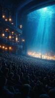 Crowd watches mesmerizing performance in a grand theater illuminated by underwater light at night photo