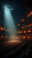 Dramatic lighting illuminates an audience in an ornate theater during a captivating performance at night photo