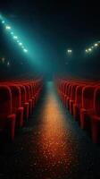 Dimly lit theater with empty red seats leading towards a spotlighted walkway in a performing arts venue photo