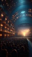 Crowd gathers in ornate theater to witness a mesmerizing sunset performance with stunning architectural details photo