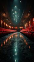 Elegant theater interior with red seats and glittering lights reflecting on polished floor in a dimly lit ambiance photo