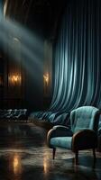 Elegant blue velvet chair in an ornate theater with dramatic lighting and rich curtains at dusk photo