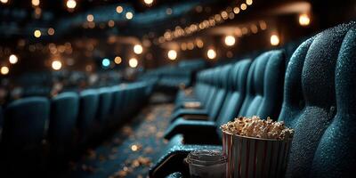 Cozy movie theater interior with popcorn and drinks reflecting cinema atmosphere photo