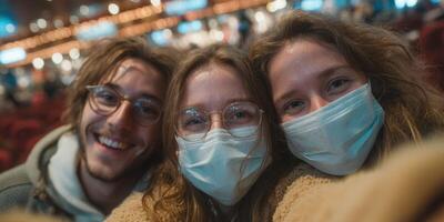 Friends enjoying a lively event in a crowded venue while wearing face masks during the evening hours photo