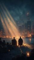 Evening cityscape with two people relaxing by the waterfront under a glowing skyline photo