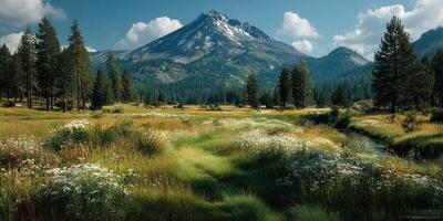 Majestic mountain landscape with wildflowers and serene stream during a sunny day in the Pacific Northwest photo