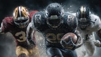 Intense football players during a competitive match showcasing speed and athleticism on a dramatic field photo