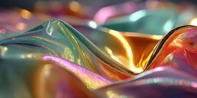 Colorful iridescent fabric drapes creating an abstract texture display under soft light photo