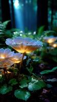 Mushrooms illuminated by soft light in a dense forest create a magical atmosphere during twilight hours photo