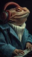 Bearded dragon plays piano while wearing headphones and a stylish coat in a creative indoor setting photo