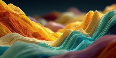 Abstract landscape of flowing waves in vibrant colors with swirling patterns resembling mountains at sunset photo