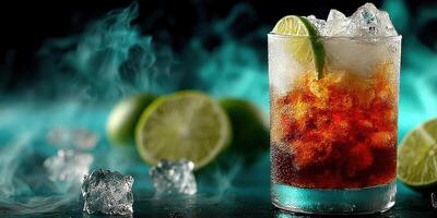 Refreshing cocktail with lime and ice served on a dark background with smoky effects in a stylish bar setting photo